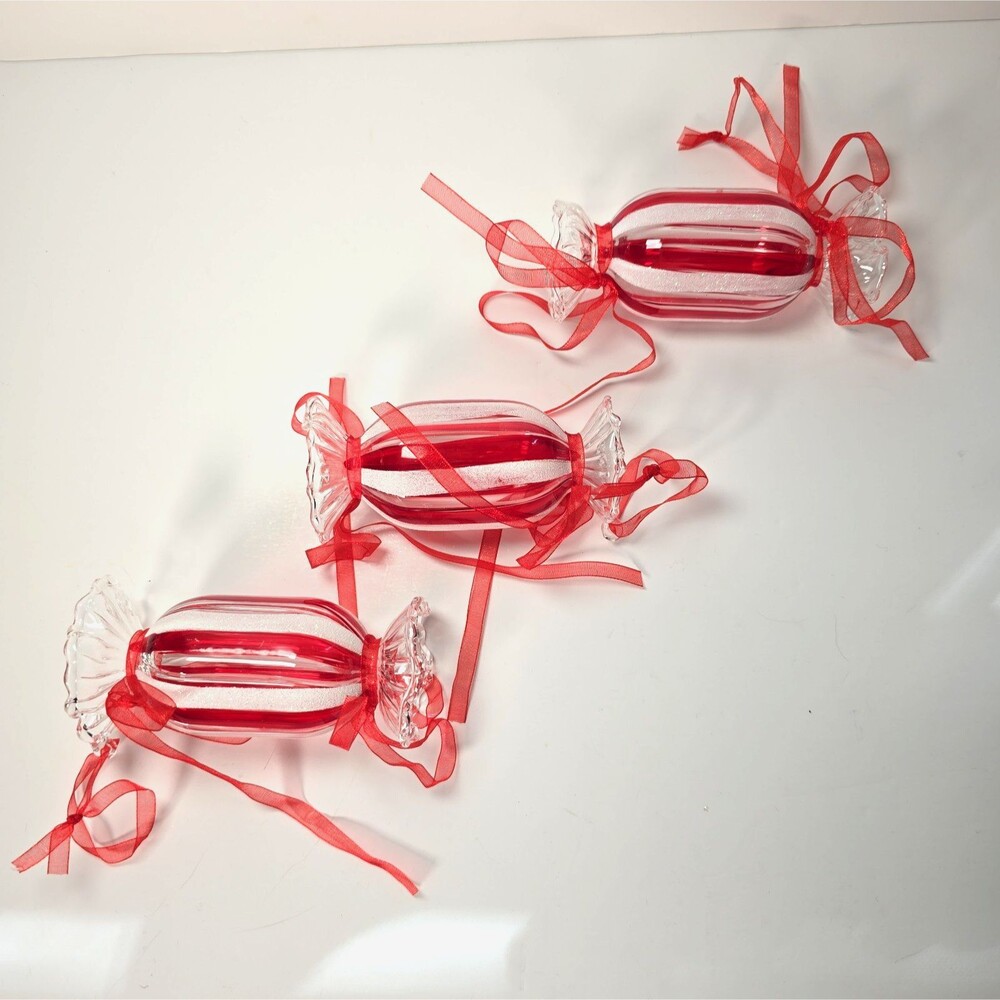 Vintage Glass Wrapped Candy Christmas Ornaments Set of 3 Red White Peppermint